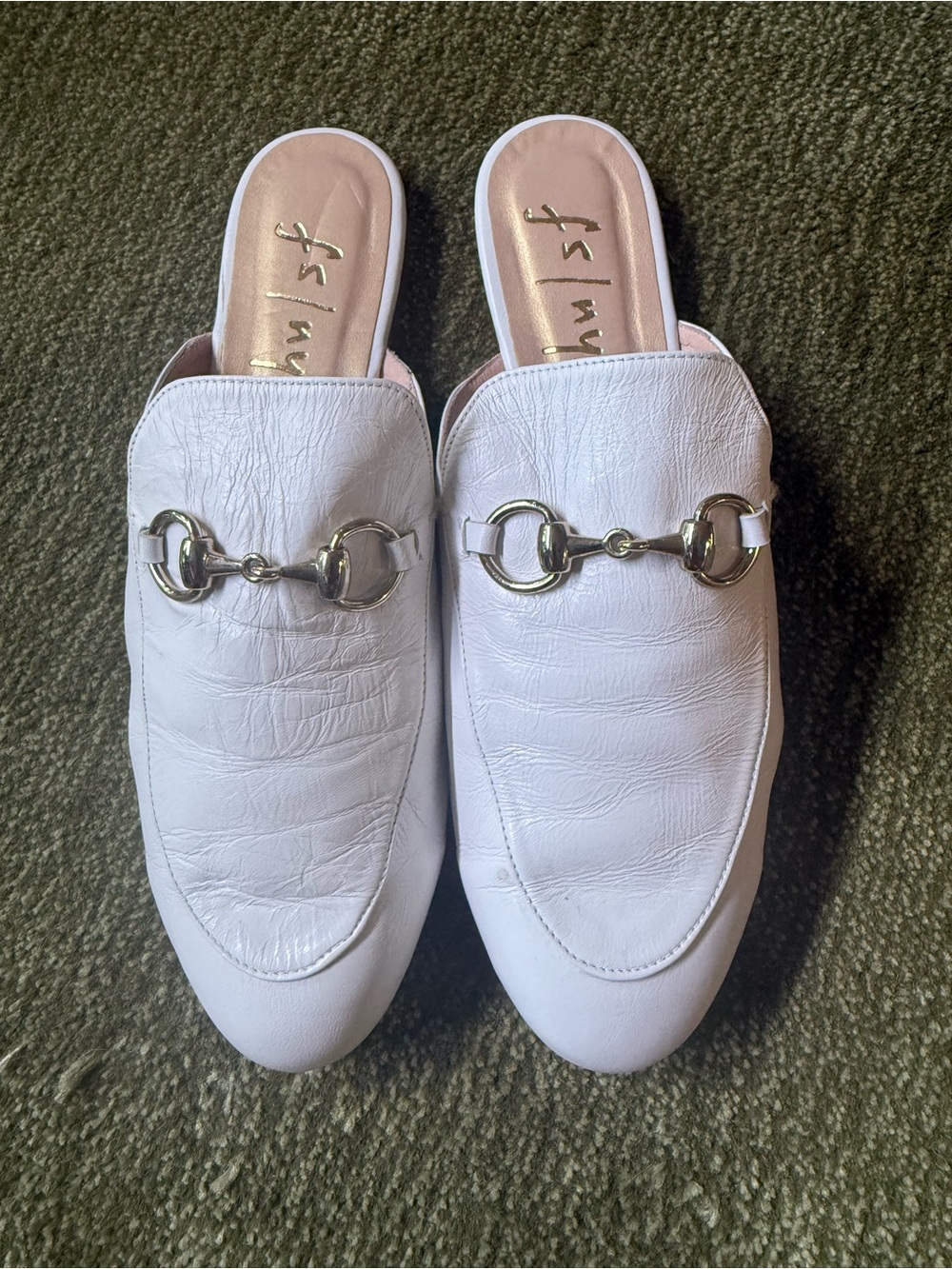 White Leather Slip-On Mules with Gold Horsebit Accent - Women